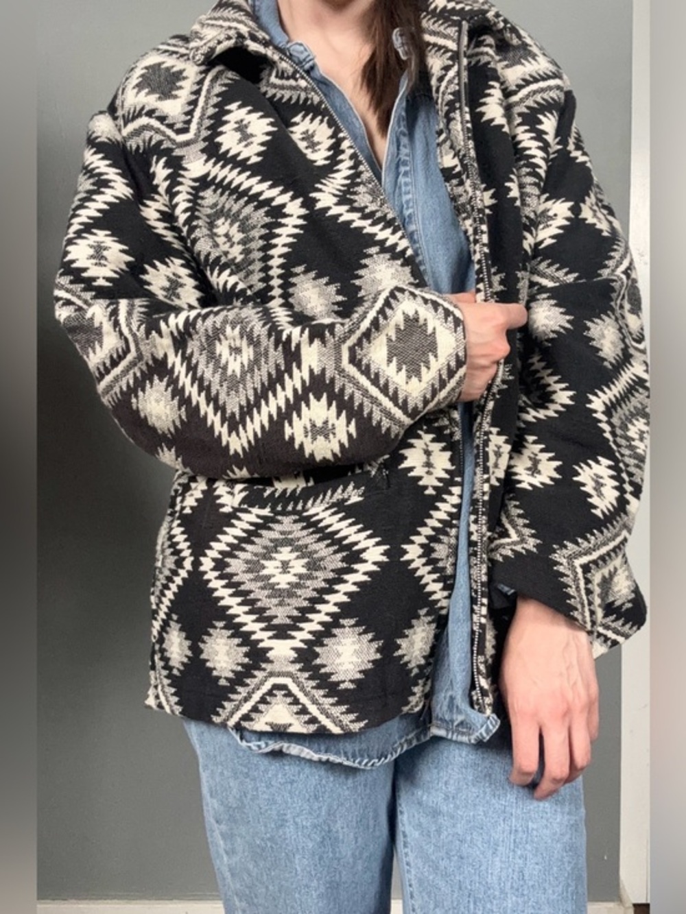 Vintage Southwestern Geometric Black and White Cotton Shacket Sweater